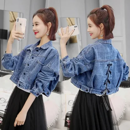 Trendy Lace-up Back Denim Jacket - Image 2