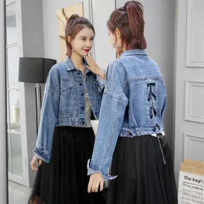 Trendy Lace-up Back Denim Jacket - Image 3
