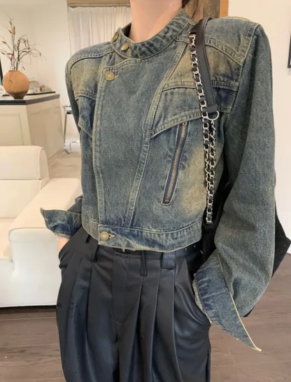 Irregular Closure Retro Denim Jacket - Image 7