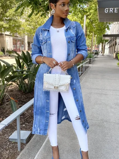 Long Casual Ripped Denim Jacket - Image 3