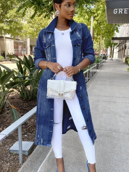 Long Casual Ripped Denim Jacket - Image 2