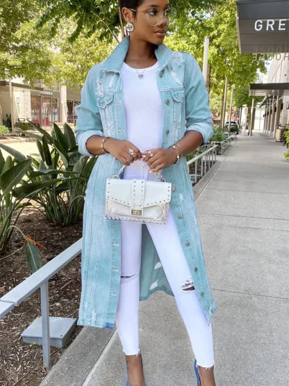 Long Casual Ripped Denim Jacket - Image 4
