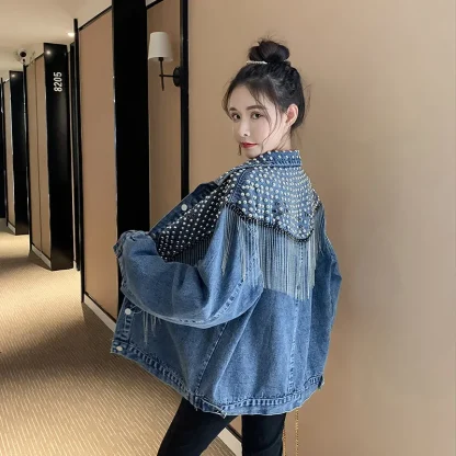 Rivet Tassels Decor Denim Jacket - Image 2