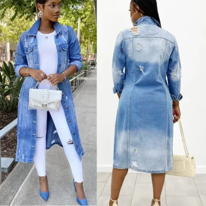 Long Casual Ripped Denim Jacket - Image 6